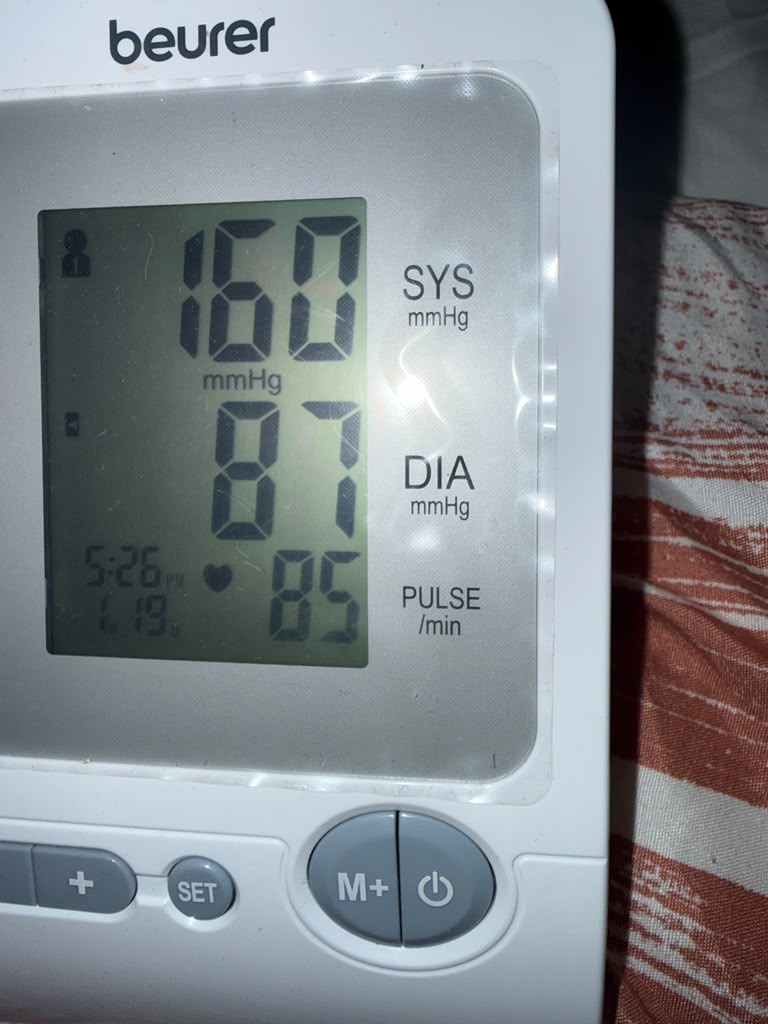 Blood pressure reading of 160/87 the morning after prayer